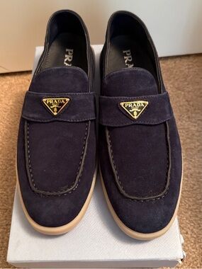 Prada Navy Suede Penny Loafers with Gold Triangle Logo